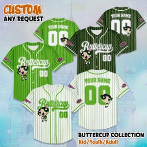 Custom The Powerpuff Girls Buttercup Baseball Jersey, Funny Buttercup Shirt, Retro Cartoon Jersey, Cute Gift for 90s Kids & Cartoon Fans