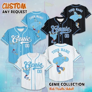 May include: Baseball jerseys featuring a cartoon genie design. The jerseys come in various colors, including light blue, black, and white, with pinstripes and the word "Genie" on the front. The text "YOUR NAME" is on the back. The collection is for kids, youth, and adults.
