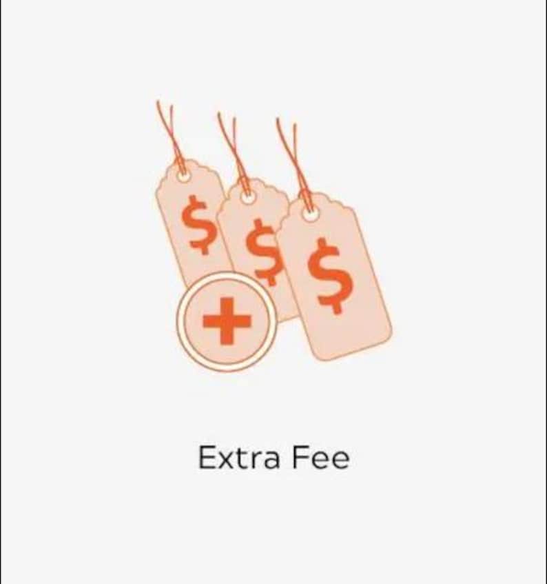 May include: Illustration of three price tags with dollar signs and a plus sign icon, all in a light orange color. The text "Extra Fee" is displayed below the icons.
