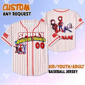 May include: White baseball jersey with red pinstripes, featuring the text "SPIDEY AND AMAZING FRIENDS" and the number "00". The jersey has cartoon character graphics and the text "CUSTOM ANY REQUEST" at the top. The text "KID/YOUTH/ADULT BASEBALL JERSEY" is at the bottom.