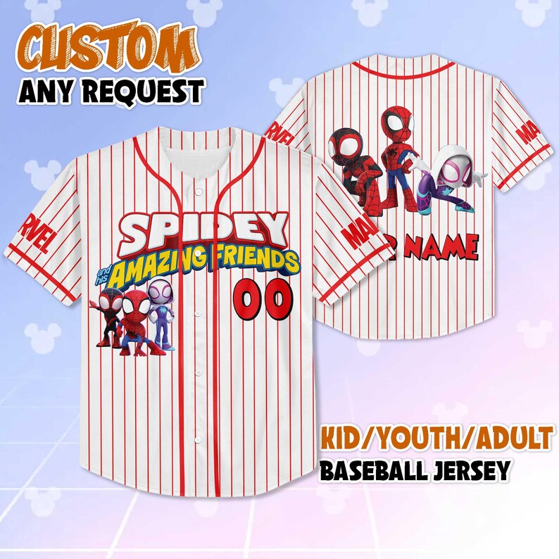 May include: White baseball jersey with red pinstripes, featuring the text "SPIDEY AND AMAZING FRIENDS" and the number "00". The jersey has cartoon character graphics and the text "CUSTOM ANY REQUEST" at the top. The text "KID/YOUTH/ADULT BASEBALL JERSEY" is at the bottom.