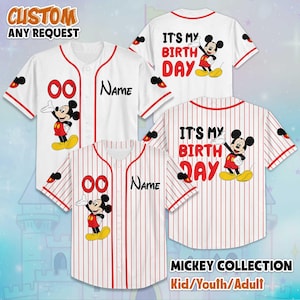 May include: White baseball jerseys with red accents and Mickey Mouse graphics. One jersey says "It's My Birth Day" with Mickey. Another has "00" and "Name". The image includes the text "CUSTOM ANY REQUEST" and "MICKEY COLLECTION Kid/Youth/Adult".