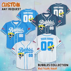 Custom The Powerpuff Girls Bubbles Baseball Jersey, Funny Bubbles Shirt, Retro Cartoon Jersey, Cute Gift for 90s Kids & Cartoon Fans