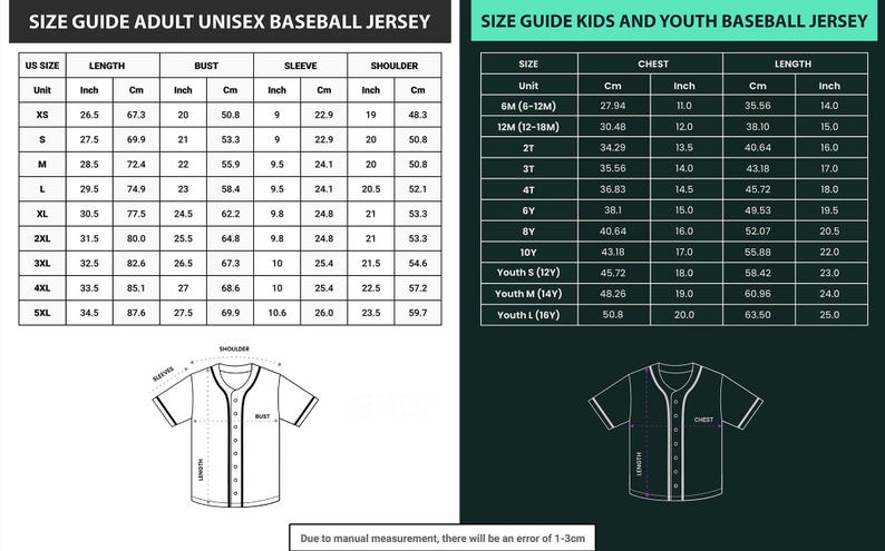 May include: Size guide for adult unisex and kids/youth baseball jerseys. Measurements are in inches and centimeters. Includes bust, sleeve, and shoulder measurements for adult sizes XS to 5XL, and chest and length for youth sizes.