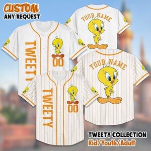 Camiseta de béisbol personalizada de la colección Tweety, camiseta de Tweety con nombre personalizado, atuendo del equipo de béisbol de los Looney Tunes, regalo de cumpleaños