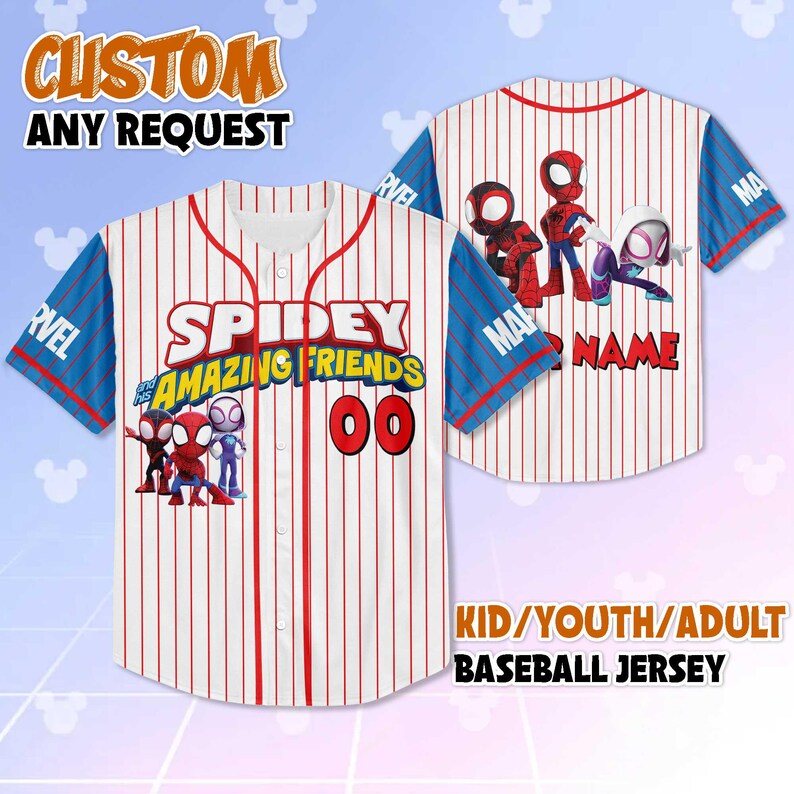 May include: White and red pinstripe baseball jersey with blue sleeves. The jersey features the text "SPIDEY AMAZING FRIENDS" and the number "00". The sleeves have "MARVEL" printed on them. The jersey is customizable and available in kid, youth, and adult sizes.