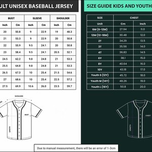 May include: Size guide for adult unisex and kids/youth baseball jerseys. Includes measurements in inches and centimeters for length, bust, sleeve, and shoulder. The guide also shows a diagram of a baseball jersey.