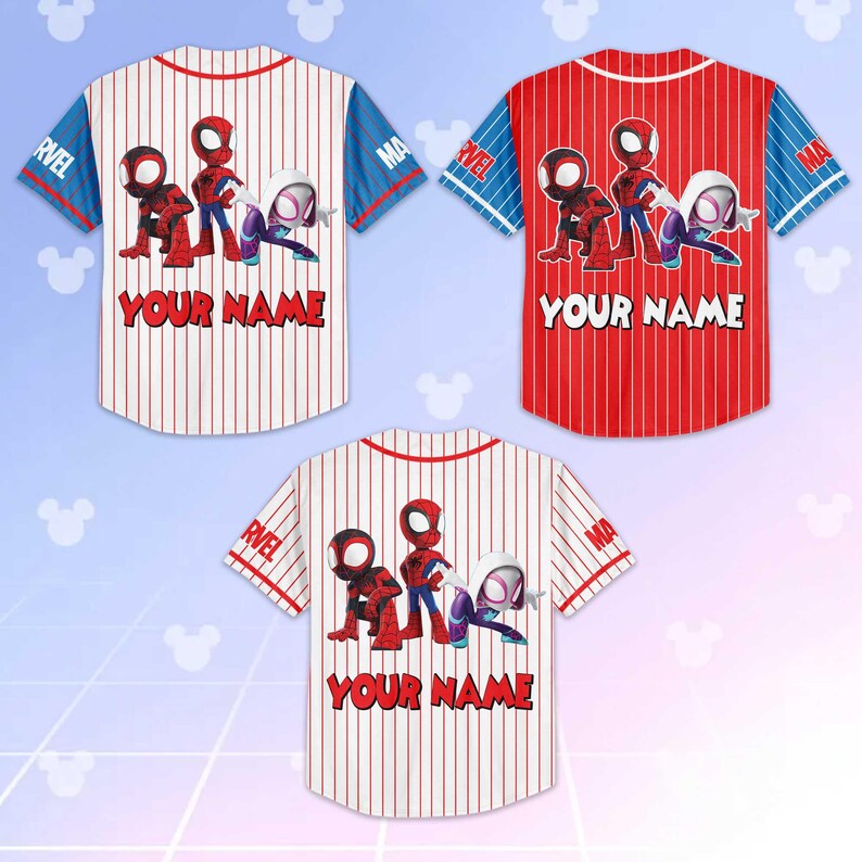 May include: Three baseball jerseys with a Spider-Man theme. The jerseys are red and white pinstriped, with blue sleeves. Each jersey features a Spider-Man graphic and the text "YOUR NAME".