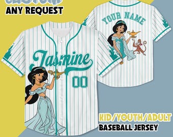 Personalisierte Jasmine Aladdin Baseball Jersey, Benutzerdefinierte Disney Jasmine Princess Jersey Shirt, Disneyland Baseball Team Outfit