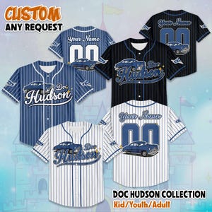 May include: Baseball jerseys with a vintage car graphic and the text "Doc Hudson" or customizable text. The jerseys come in various colors, including blue and white, with pinstripes and button-up fronts. The text "CUSTOM ANY REQUEST" is also visible.