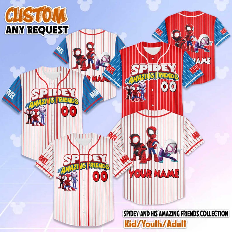 May include: Baseball jerseys featuring the Spidey and His Amazing Friends characters. The jerseys are red and white with blue sleeves, and include the text "SPIDEY AMAZING FRIENDS" and the number "00". The jerseys are available in kid, youth, and adult sizes.