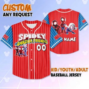 May include: Red and white pinstripe baseball jersey with blue sleeves. The jersey features the text "SPIDEY AND HIS AMAZING FRIENDS" and the number "00". The sleeves have the word "MARVEL" printed on them. The jersey is customizable.