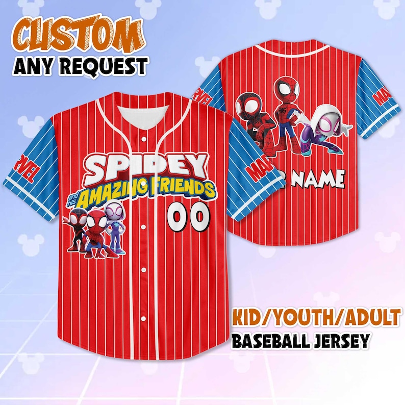 May include: Red and white pinstripe baseball jersey with blue sleeves. The jersey features the text "SPIDEY AND HIS AMAZING FRIENDS" and the number "00". The sleeves have the word "MARVEL" printed on them. The jersey is customizable.