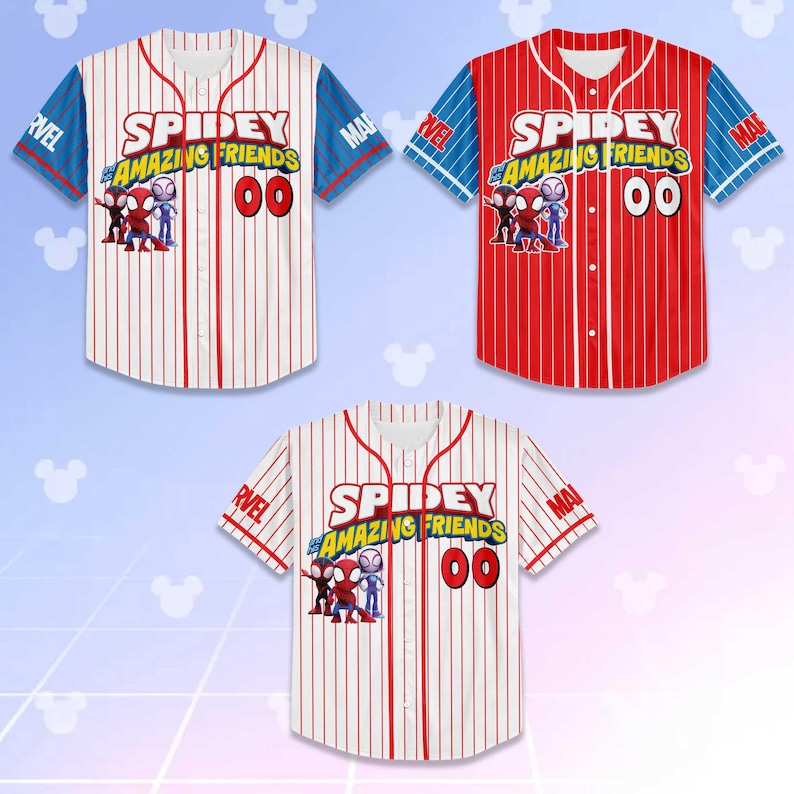 May include: Three baseball jerseys with the text "SPIDEY & AMAZING FRIENDS" and the number "00". The jerseys are red and white with blue sleeves. The Marvel logo is on the sleeves.