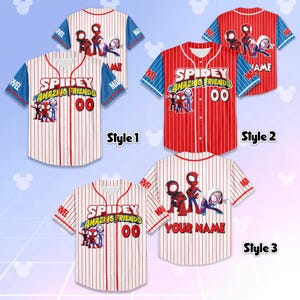 May include: Three baseball jerseys with Spidey and Friends graphics. Style 1 is white with red pinstripes, blue sleeves, and the text "SPIDEY AMAZING FRIENDS 00". Style 2 is red with white pinstripes and blue sleeves. Style 3 is white with red pinstripes.