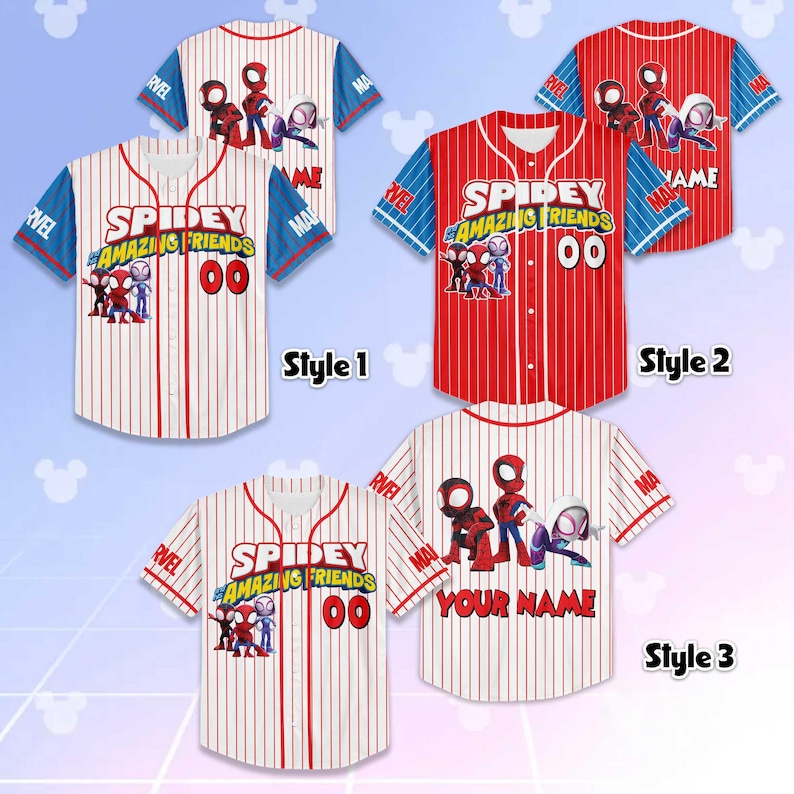 May include: Three baseball jerseys with Spidey and Friends graphics. Style 1 is white with red pinstripes, blue sleeves, and the text "SPIDEY AMAZING FRIENDS 00". Style 2 is red with white pinstripes and blue sleeves. Style 3 is white with red pinstripes.
