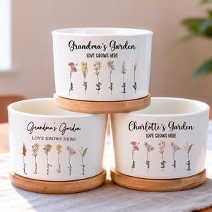 Grandma's Garden Flower Pot, Personalized Birth Flower Planter, Custom Names, Love Grows Here, Ceramic Pot with Saucer, Gift for Mom