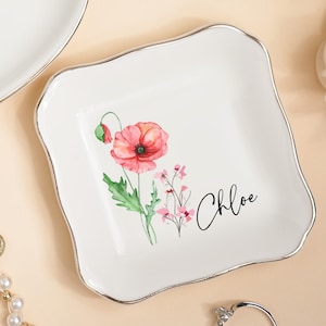 Personalised Birth Flower Trinket Dish,Wedding Engagement Gift,Jewelry Dish for Friend,Flower Ring Dish, Birthflower Ring Dish,Gift For Her