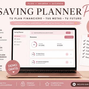 Könnte beinhalten: Ein Laptop zeigt eine digitale Saving Planner Pro-Oberfläche mit Finanzverfolgungsdiagrammen, Fortschrittsbalken und Sparzielen. Der Bildschirm zeigt ein Dashboard mit Text auf Spanisch. Das Design verwendet eine zartrosa Farbpalette.