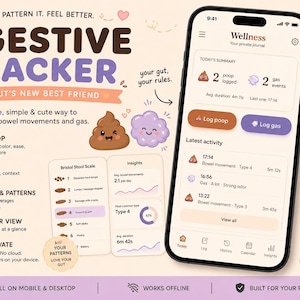 Op de afbeelding: Een digitale spijsverteringstracker-app-interface op een smartphonescherm, met iconen voor het loggen van ontlasting en gas, een Bristol-stoelgangschaal, activiteitenlogboeken en details over privé-gegevensopslag en offline toegang.
