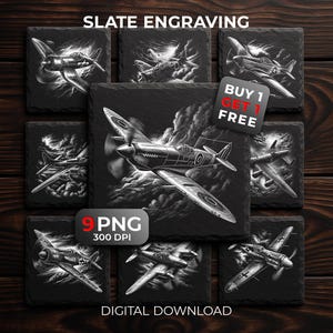 Könnte beinhalten: Digitaler Download von Schiefergravuren. Das Bild zeigt neun quadratische Untersetzer, jeweils mit einer detaillierten Gravur eines Oldtimer-Flugzeugs. Die Untersetzer sind schwarz mit weißen Illustrationen. Der Text enthält "SLATE ENGRAVING" und "DIGITAL DOWNLOAD".