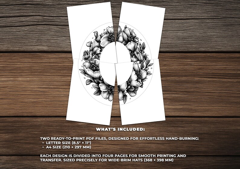 Floral Hat Burning Design PNG for Wide Brim Hats, Laser Engraving Template, Commercial Use (01)
