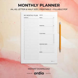 Planificador mensual imprimible y digital, lista de tareas mensuales, calendario mensual, descarga instantánea, tamaño A5/A4/carta/media carta, PDF rellenable