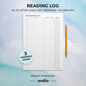 Registro de lectura imprimible, Seguimiento de lectura, Libros para leer, Libros leídos, Registro de lectura, Tamaño A4/A5/Carta/Media página, Descarga instantánea en PDF
