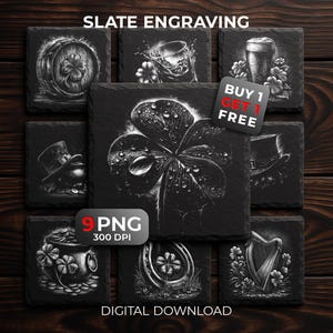 May include: A collection of nine square slate coasters featuring white engravings of Irish-themed imagery including a four-leaf clover, a beer glass, a barrel, a leprechaun hat, a pot of gold, a horseshoe, and a harp, with text reading SLATE ENGRAVING, BUY 1 GET 1 FREE, 9 PNG, 300 DPI, DIGITAL DOWNLOAD.