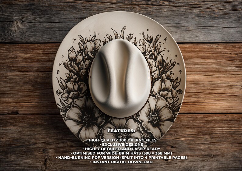Wildflower Hat Burning Pattern - Laser Hat Design for Wide Brim Engraving, Commercial Use (03)
