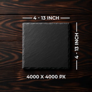May include: A square black slate serving board, measuring 4 x 13 inches, with a textured surface. The board is displayed on a dark wood background. The image also shows the dimensions and the resolution of the image.
