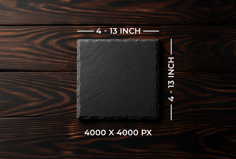 May include: A square black slate serving board, measuring 4 x 13 inches, with a textured surface. The board is displayed on a dark wood background. The image also shows the dimensions and the resolution of the image.