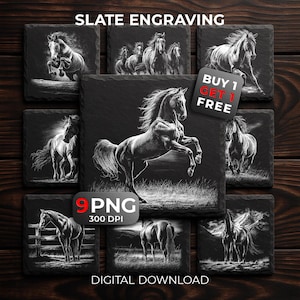 Puede incluir: Una colección de nueve grabados en pizarra cuadrados con ilustraciones blancas detalladas de caballos en varias poses. El texto SLATE ENGRAVING, BUY 1 GET 1 FREE, 9 PNG 300 DPI y DIGITAL DOWNLOAD es visible sobre la superficie oscura.
