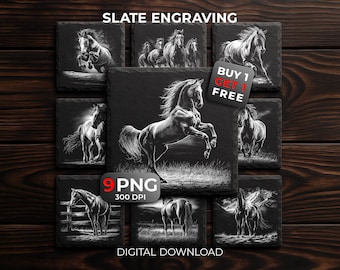 Puede incluir: Una colección de nueve grabados en pizarra cuadrados con ilustraciones blancas detalladas de caballos en varias poses. El texto SLATE ENGRAVING, BUY 1 GET 1 FREE, 9 PNG 300 DPI y DIGITAL DOWNLOAD es visible sobre la superficie oscura.
