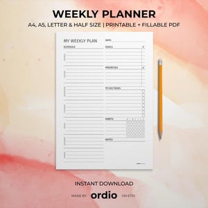 Planificador semanal imprimible y plantilla digital, lista de tareas semanales, horario semanal, descarga instantánea, A5/A4/carta/media carta, PDF rellenable incluido