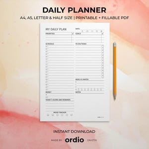 Planificador diario por horas imprimible y digital, lista de tareas diarias, horario diario, descarga instantánea, tamaño A5/A4/carta/media carta, PDF rellenable incluido.