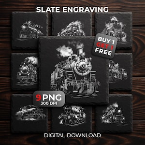 May include: A collection of black slate coasters featuring detailed white engravings of vintage steam trains. The coasters are square and arranged on a dark wood surface. The image includes text that says "Slate Engraving" and "Digital Download".