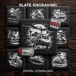 Könnte beinhalten: Schwarze Schieferuntersetzer mit gravierten Hubschraubermotiven. Das Set enthält neun Untersetzer mit verschiedenen Hubschrauberillustrationen. Der Text "SLATE ENGRAVING", "BUY 1 GET 1 FREE", "9 PNG 300 DPI" und "DIGITAL DOWNLOAD" sind ebenfalls sichtbar.