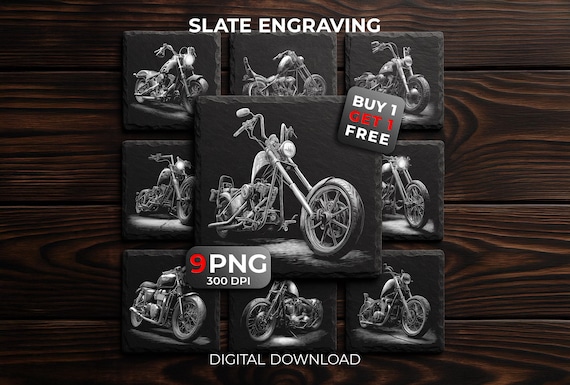 Choppers Motorcycle Laser Engraving Files: Motorbikes PNG Designs Slate Coasters, Glowforge & XTool, Commercial Use