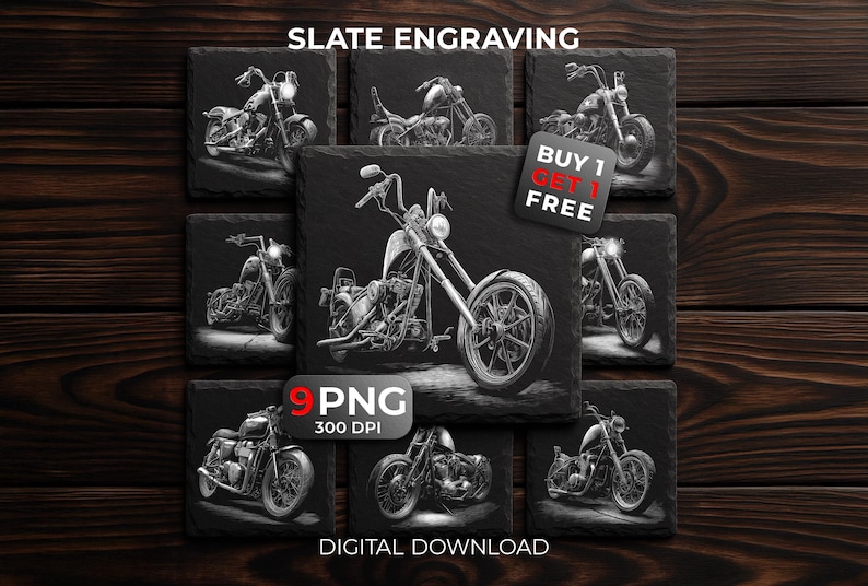 Choppers Motorcycle Laser Engraving Files: Motorbikes PNG Designs Slate Coasters, Glowforge & XTool, Commercial Use