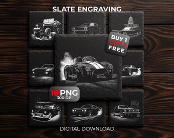 Amerikanische Autos Lasergravur Dateien: Schieferuntersetzer PNG Designs, Glowforge & XTool, Kommerzielle Nutzung