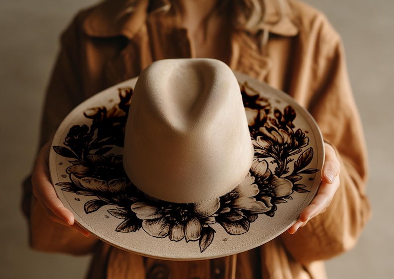 Floral Hat Burning Design PNG for Wide Brim Hats, Laser Engraving Template, Commercial Use (01)