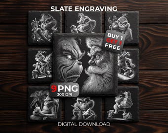 Grinch Christmas Engraving Designs for Slate Coaster - PNG files for Glowforge, Commercial Use