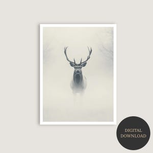 Majestic Stag in Fog Digital Art Print - Instant Download - Wildlife Nature Wall Decor - Muted Forest Animal Poster - Serene Deer Art