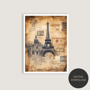 Impressão digital de colagem de viagem vintage de Paris - Download instantâneo - Arte de parede da Torre Eiffel - Mapa antigo, decoração europeia - Arte rústica de desejo de viajar