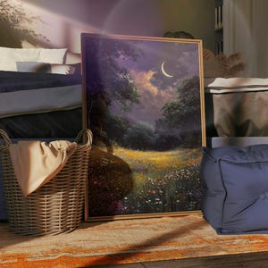 Moon Wildflower Meadow Print, Magical Night Landscape Digital Art, Tranquil Home Decor
