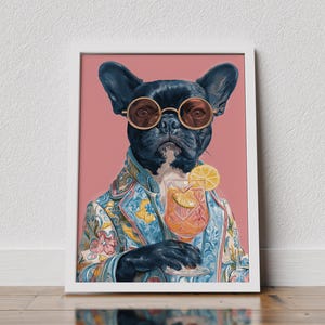 カクテルアートをあしらったスタイリッシュなフレンチブルドッグ、動物の肖像画プリント、犬好き向けデジタルダウンロード