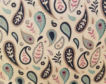 Fabric Sewing Cotton Yardage Aqua Blue and Gray Paisley on white background BTY Priced per yard