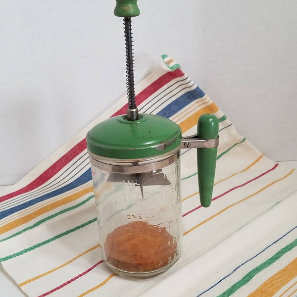 Vintage Hazel Atlas Food Chopper Green wood handles spring action Measuring glass Jar Green metal lid