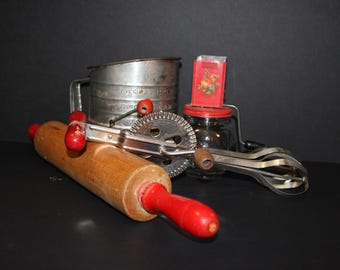 Kitchen Utensils Vintage Group of 4 Red wood handles 1940's - 50 Era